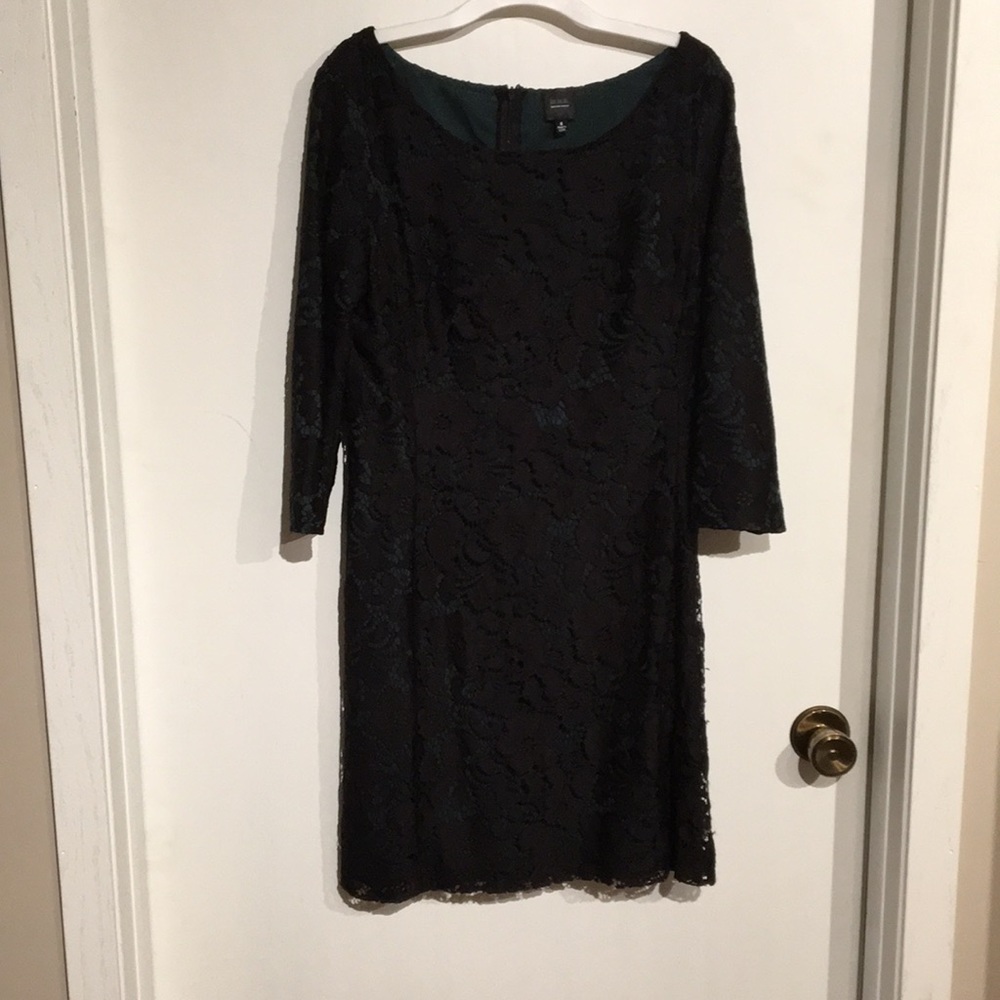 Green with black lace overlay sheath dress